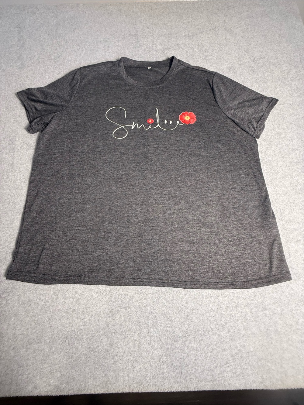 Smile Graphic Tee with Floral Detail Gray Short Sleeve Top Plus Size 3XL - Picture 3 of 9